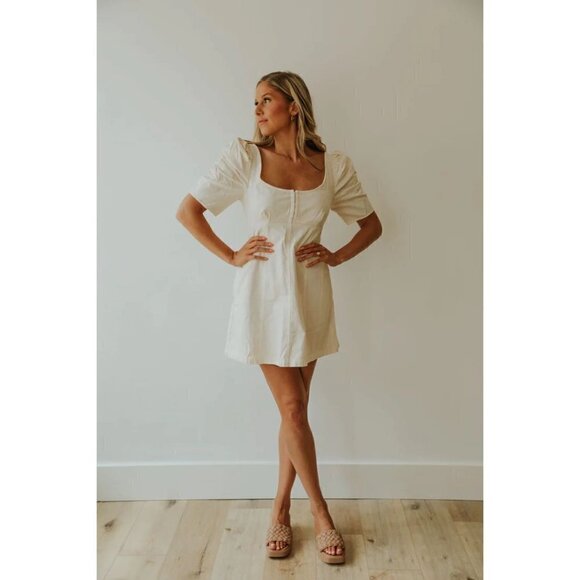 FREE PEOPLE Cheyenne Smocking Short Puff Sleeve Denim Mini Dress Size X-Small - Picture 1 of 16